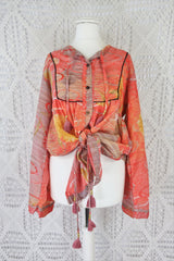 Jude Tunic Top - Vintage Indian Sari - Rosy Pink, Dijon & Mauve Floral - XS