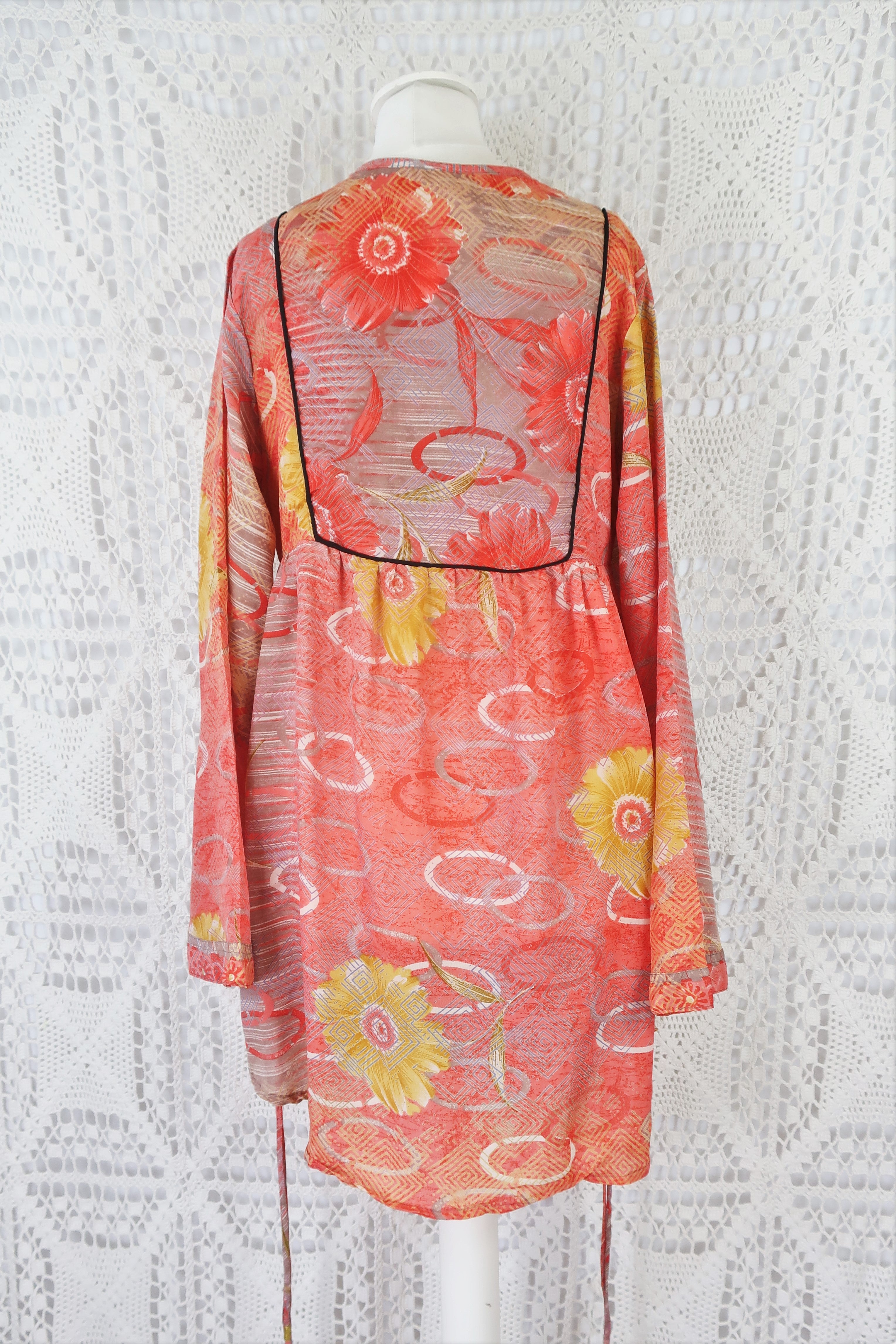 Jude Tunic Top - Vintage Indian Sari - Rosy Pink, Dijon & Mauve Floral - XS