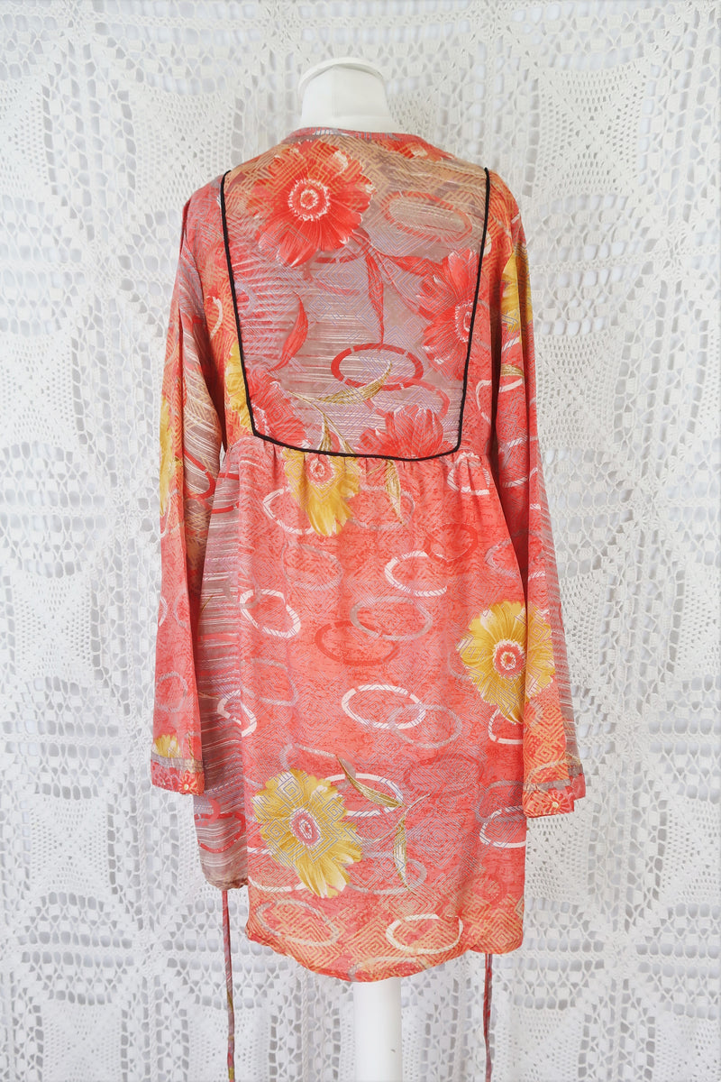 Jude Tunic Top - Vintage Indian Sari - Rosy Pink, Dijon & Mauve Floral - XS