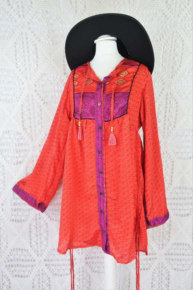 Jude Tunic Top - Vintage Indian Sari - Cupid Red Paisley Shimmer - XS