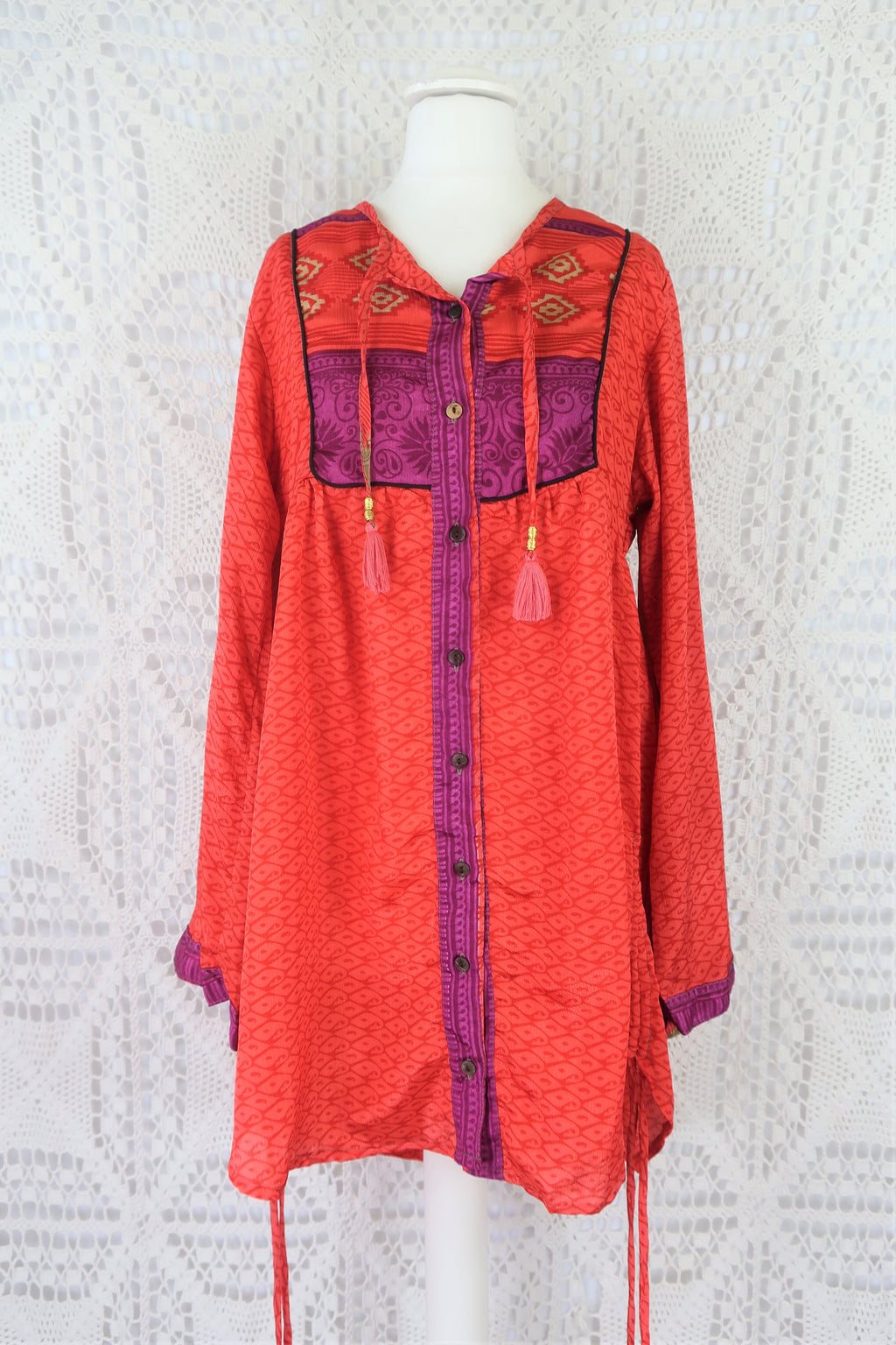 Jude Tunic Top - Vintage Indian Sari - Cupid Red Paisley Shimmer - XS