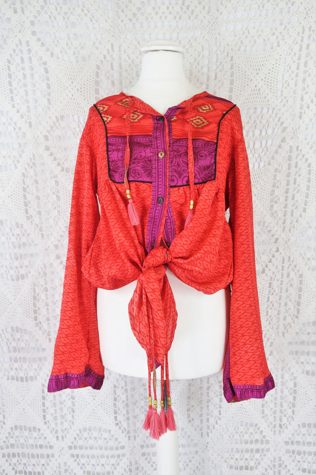 Jude Tunic Top - Vintage Indian Sari - Cupid Red Paisley Shimmer - XS