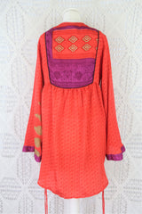 Jude Tunic Top - Vintage Indian Sari - Cupid Red Paisley Shimmer - XS