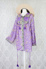 Jude Tunic Top - Vintage Indian Sari - Lilac, Silver & Ivory Floral - XS