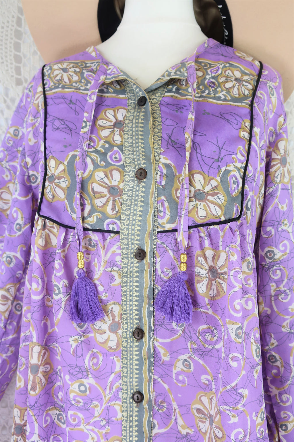 Jude Tunic Top - Vintage Indian Sari - Lilac, Silver & Ivory Floral - XS