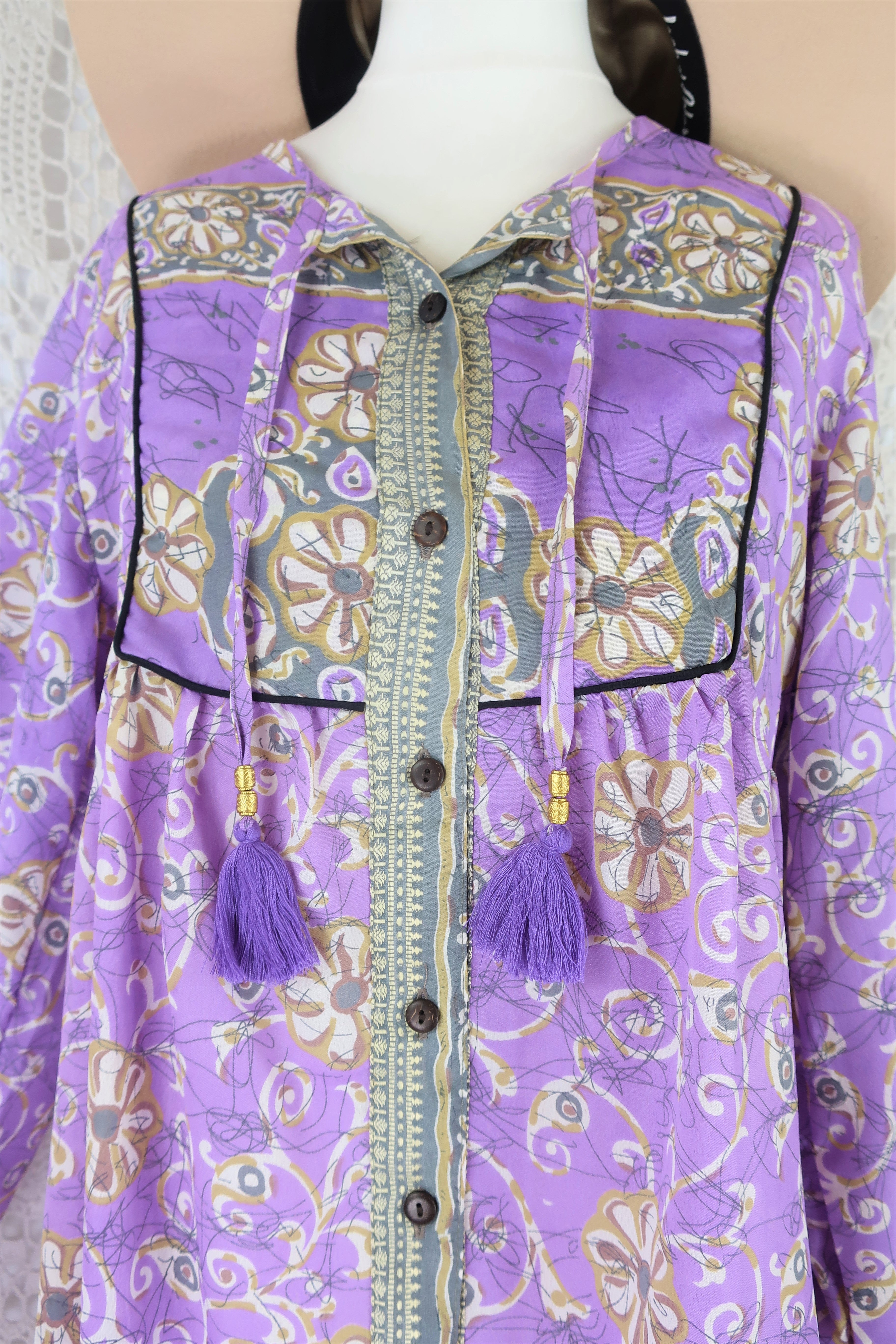 Jude Tunic Top - Vintage Indian Sari - Lilac, Silver & Ivory Floral - XS