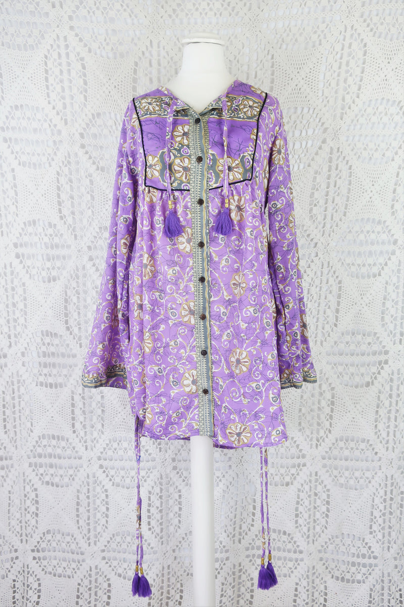 Jude Tunic Top - Vintage Indian Sari - Lilac, Silver & Ivory Floral - XS