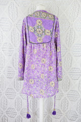 Jude Tunic Top - Vintage Indian Sari - Lilac, Silver & Ivory Floral - XS