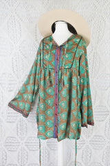 Jude Tunic Top - Vintage Indian Sari - Wood & Jade Floral Motif - XS