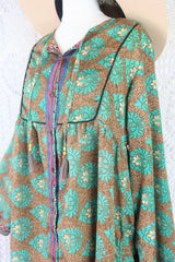 Jude Tunic Top - Vintage Indian Sari - Wood & Jade Floral Motif - XS
