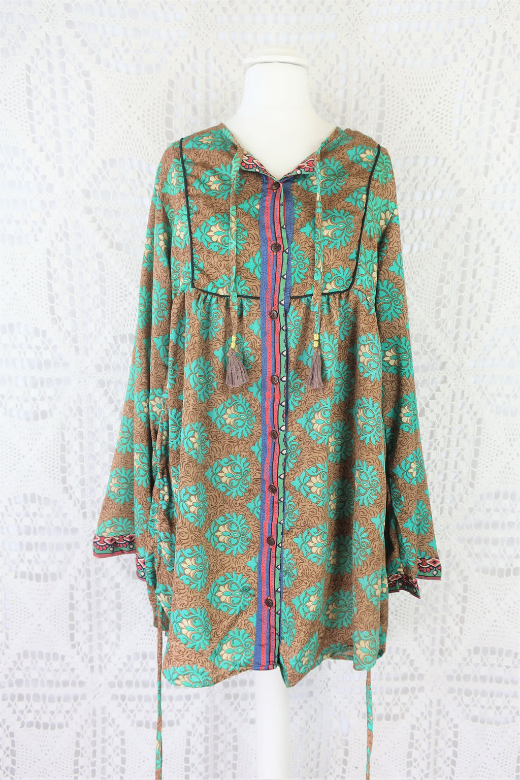 Jude Tunic Top - Vintage Indian Sari - Wood & Jade Floral Motif - XS