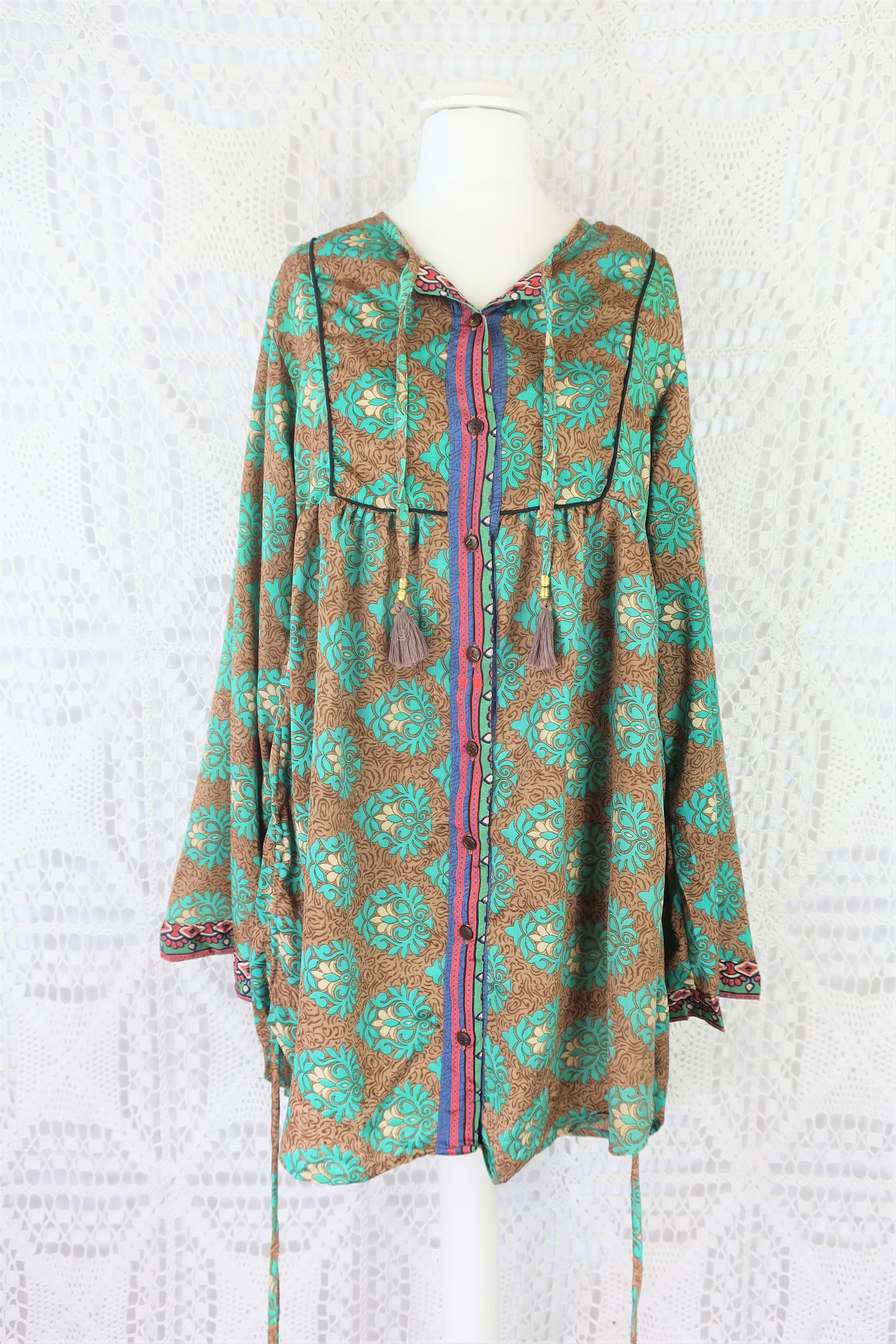 Jude Tunic Top - Vintage Indian Sari - Wood & Jade Floral Motif - XS