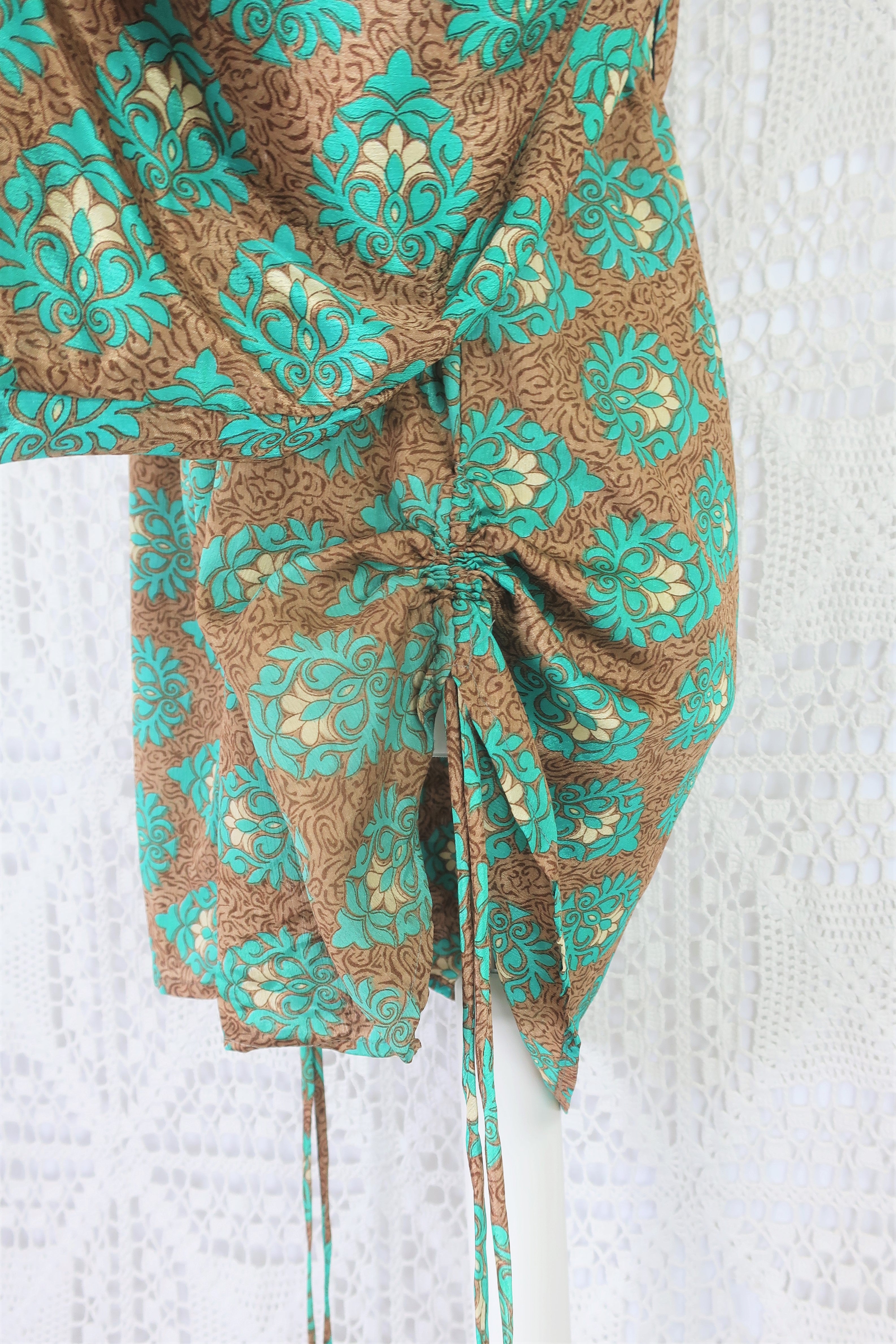 Jude Tunic Top - Vintage Indian Sari - Wood & Jade Floral Motif - XS