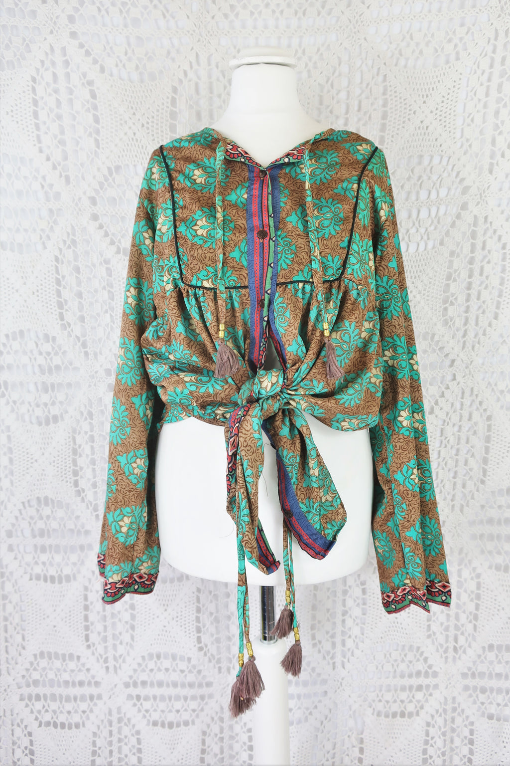 Jude Tunic Top - Vintage Indian Sari - Wood & Jade Floral Motif - XS