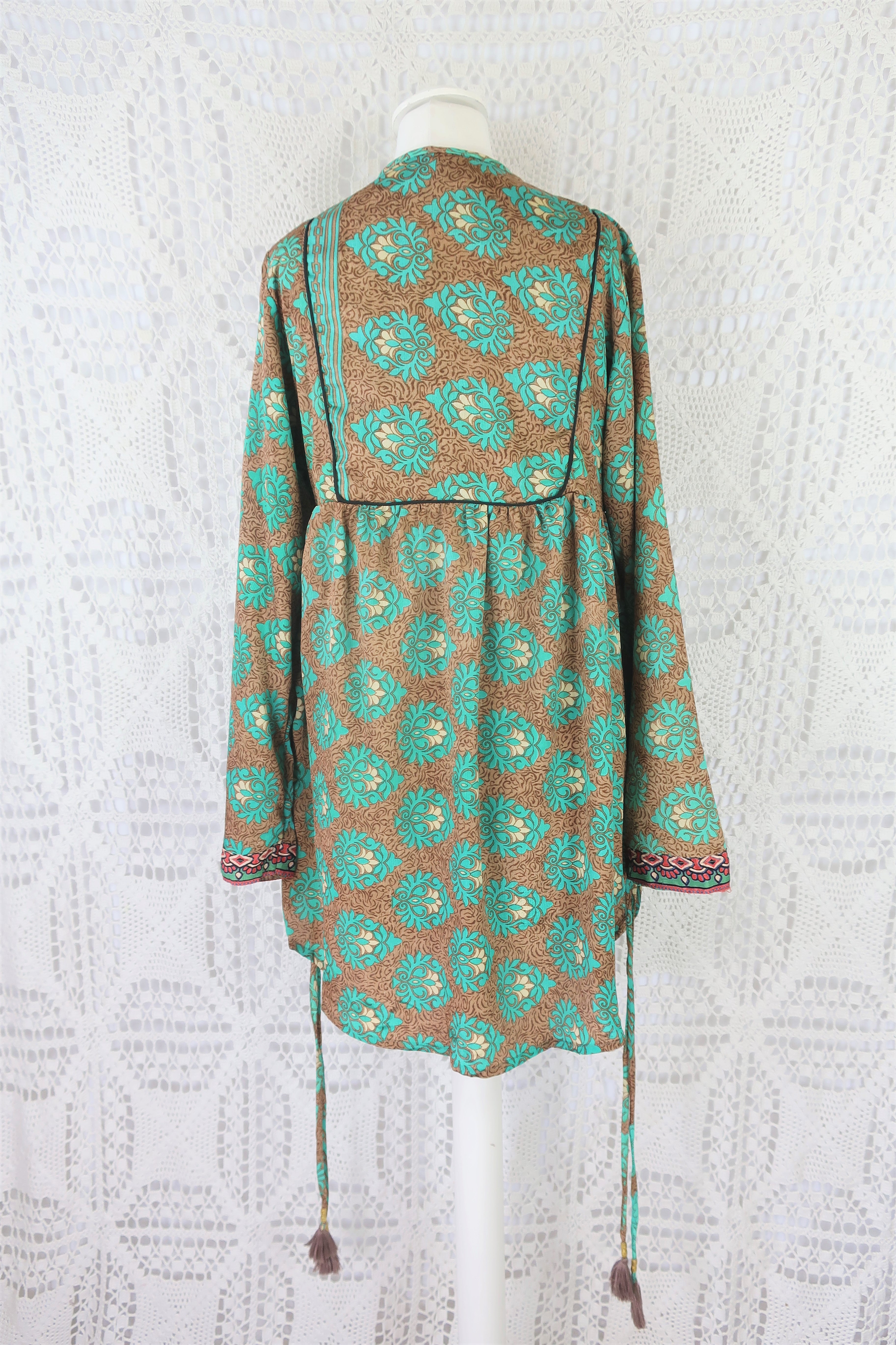 Jude Tunic Top - Vintage Indian Sari - Wood & Jade Floral Motif - XS