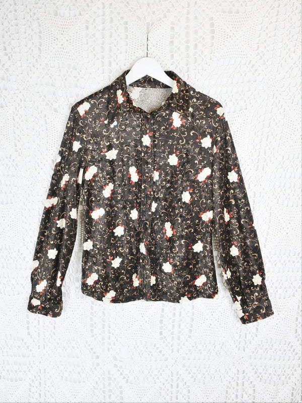70's Vintage - Velvet Floral Shirt - Brown & Cream - Size L