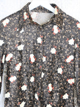 70's Vintage - Velvet Floral Shirt - Brown & Cream - Size L