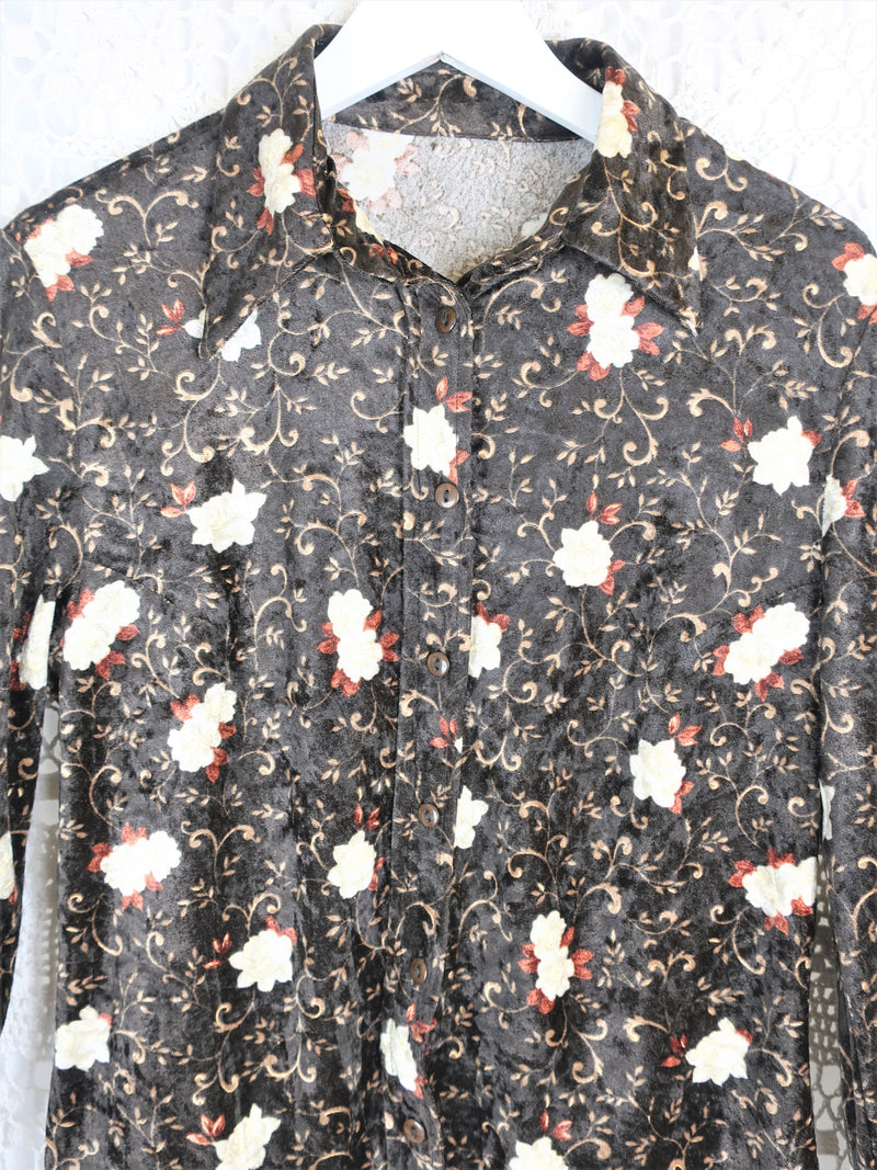 70's Vintage - Velvet Floral Shirt - Brown & Cream - Size L