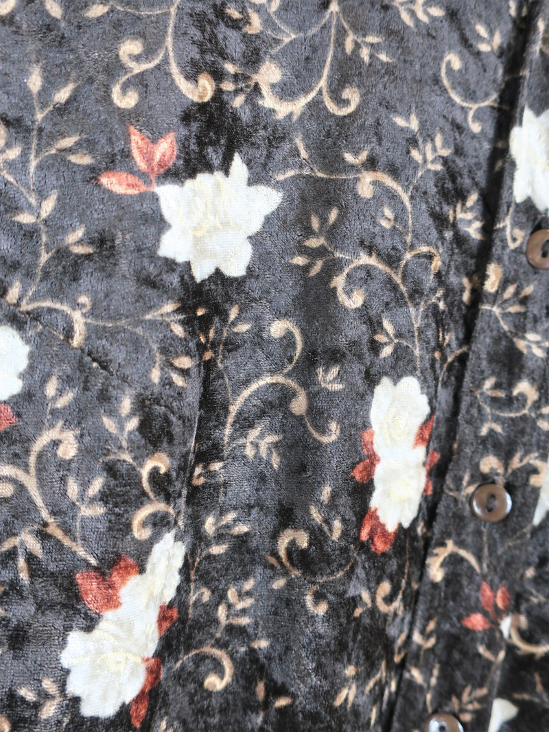 70's Vintage - Velvet Floral Shirt - Brown & Cream - Size L