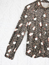 70's Vintage - Velvet Floral Shirt - Brown & Cream - Size L