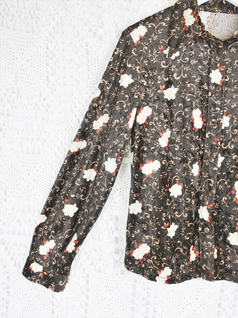 70's Vintage - Velvet Floral Shirt - Brown & Cream - Size L