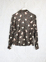 70's Vintage - Velvet Floral Shirt - Brown & Cream - Size L