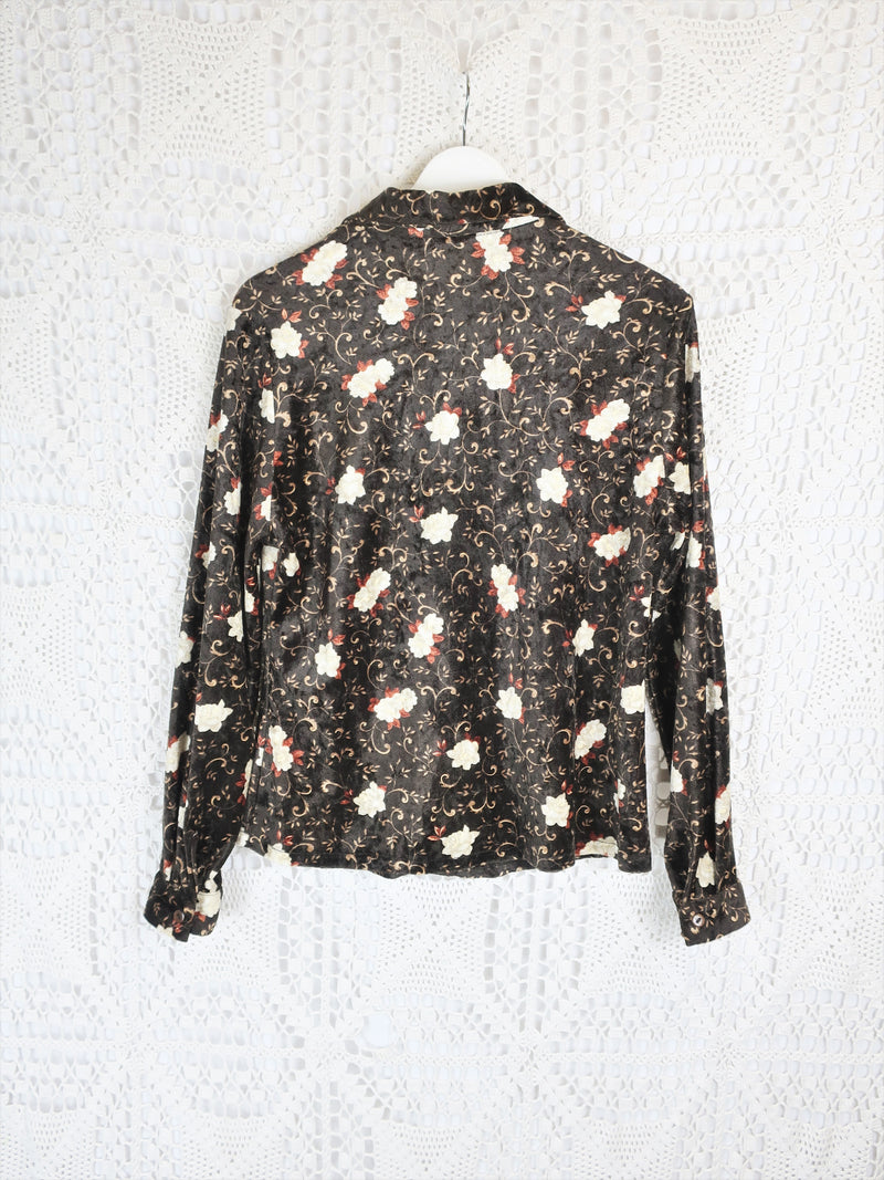 70's Vintage - Velvet Floral Shirt - Brown & Cream - Size L