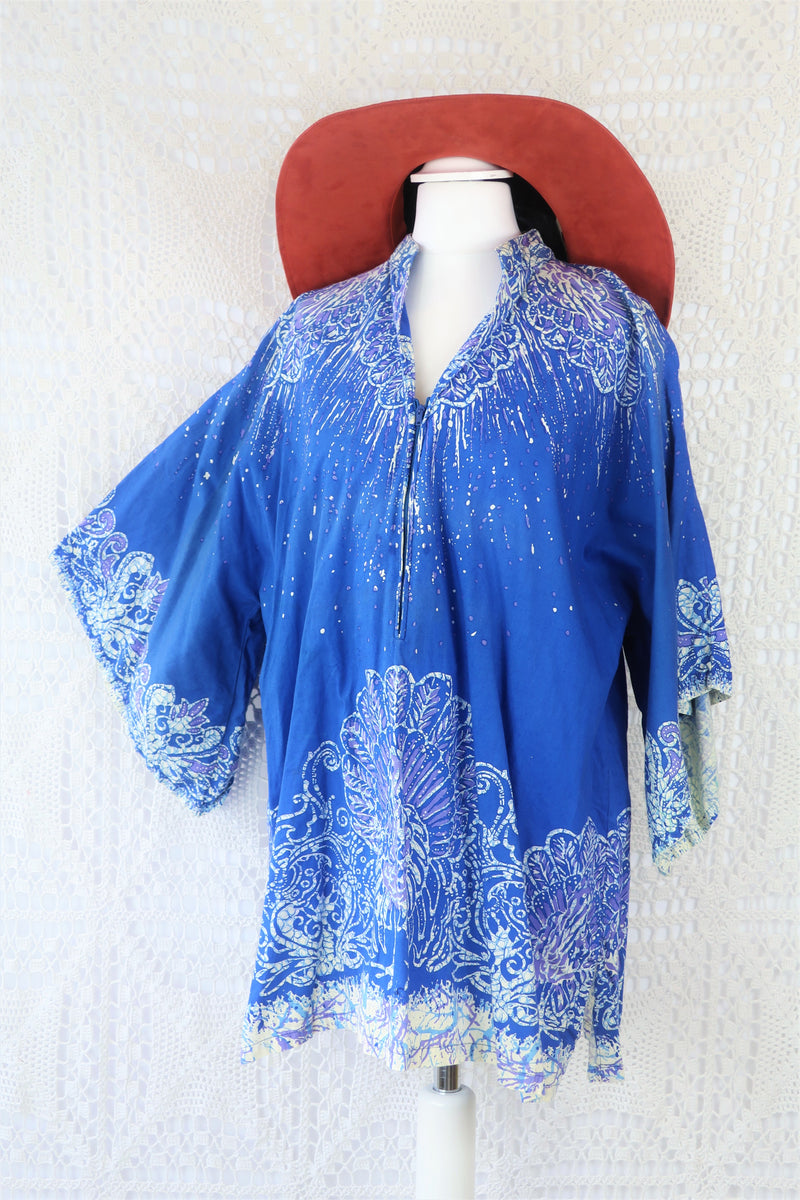 70's Vintage Tunic Top - Blue, Cream & Purple Peacocks - Free Size
