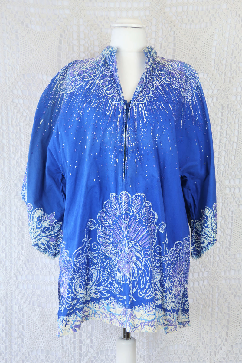 70's Vintage Tunic Top - Blue, Cream & Purple Peacocks - Free Size
