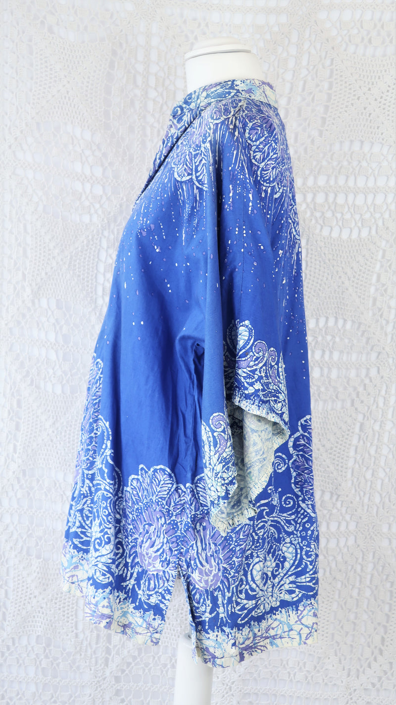 70's Vintage Tunic Top - Blue, Cream & Purple Peacocks - Free Size