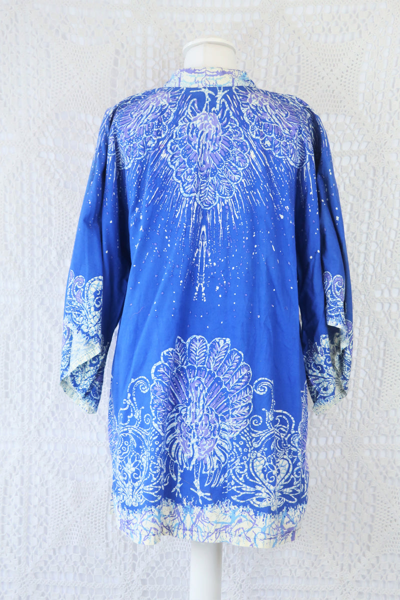 70's Vintage Tunic Top - Blue, Cream & Purple Peacocks - Free Size