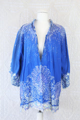 70's Vintage Tunic Top - Blue, Cream & Purple Peacocks - Free Size