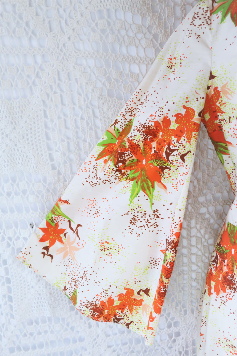 70's Vintage Dress - Soft Cream & Maple Floral - Size S