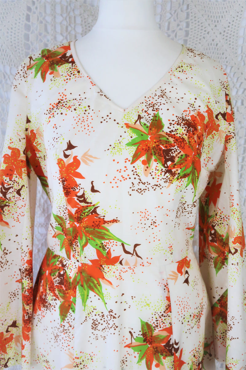 70's Vintage Dress - Soft Cream & Maple Floral - Size S