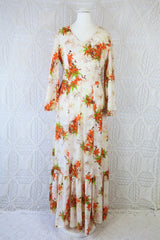70's Vintage Dress - Soft Cream & Maple Floral - Size S