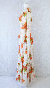 70's Vintage Dress - Soft Cream & Maple Floral - Size S