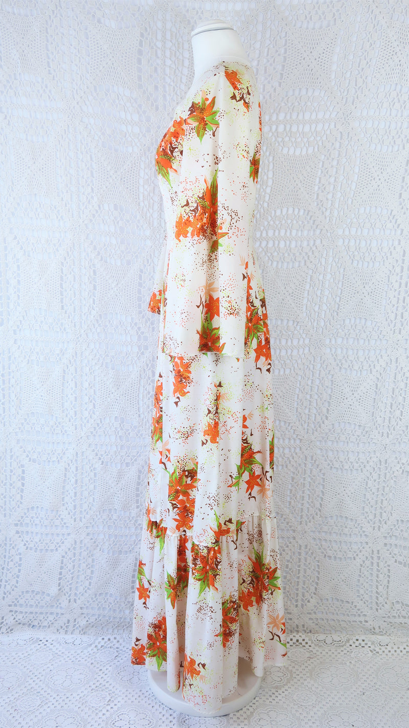 70's Vintage Dress - Soft Cream & Maple Floral - Size S