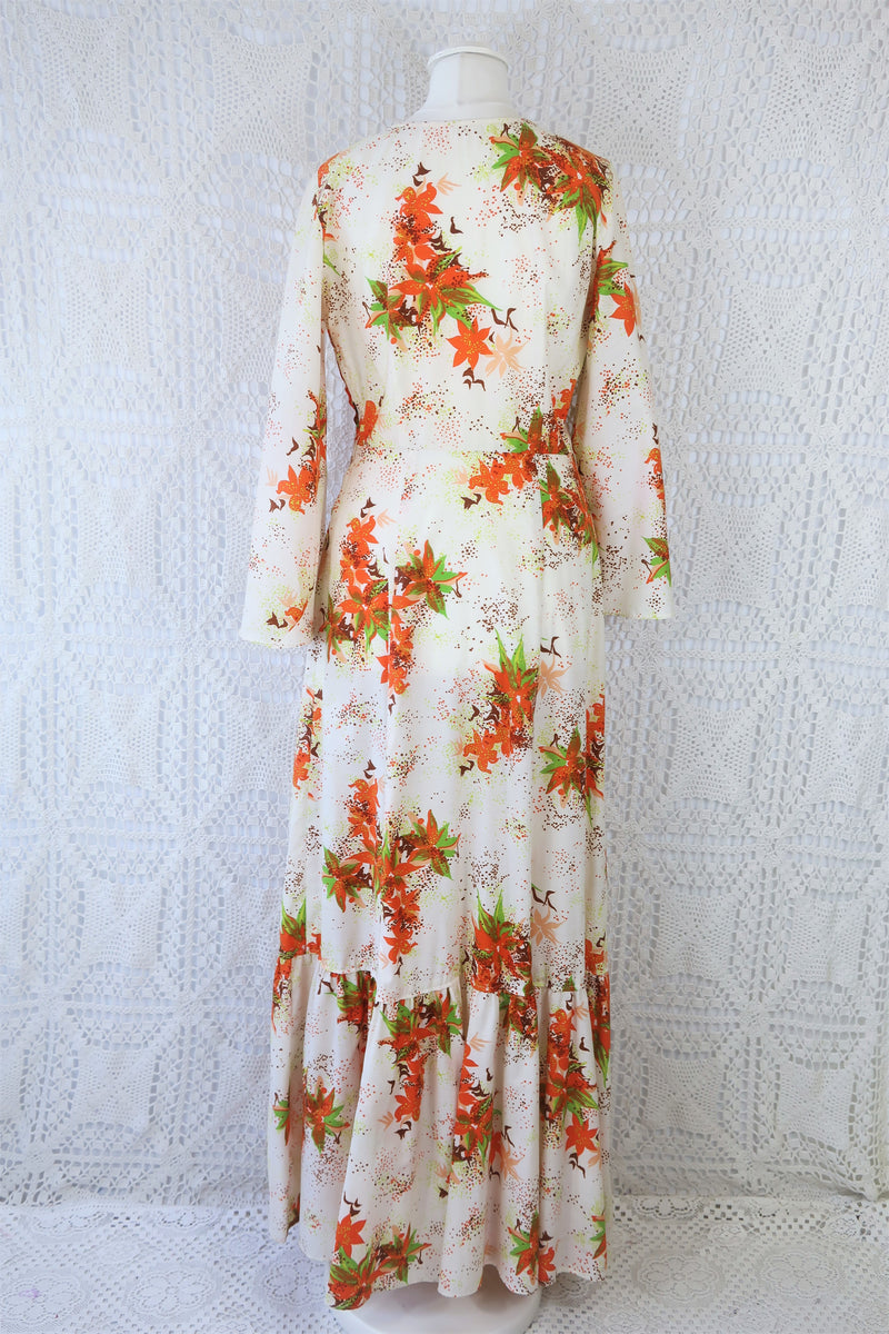 70's Vintage Dress - Soft Cream & Maple Floral - Size S