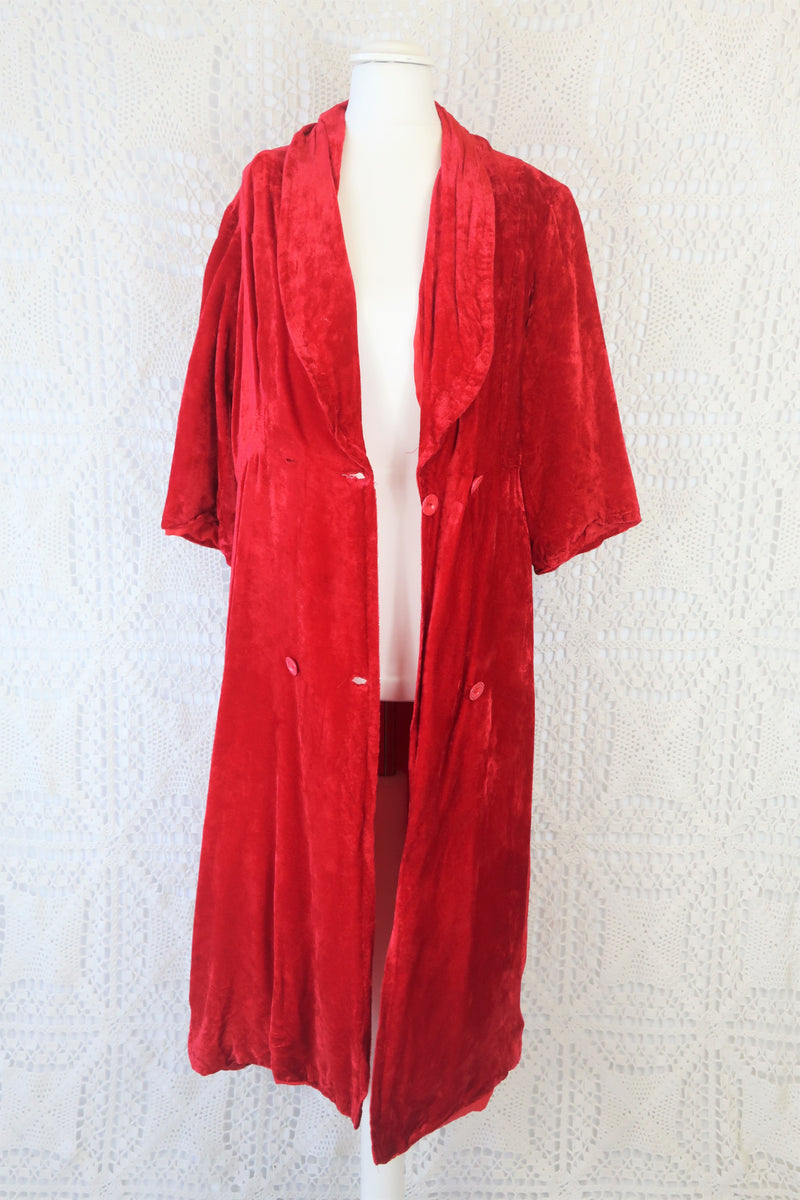 SALE 70's Vintage Housecoat - Bright Red Velvet Jacquard - Size XS