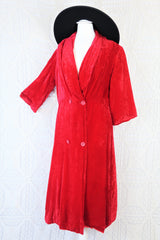 SALE 70's Vintage Housecoat - Bright Red Velvet Jacquard - Size XS