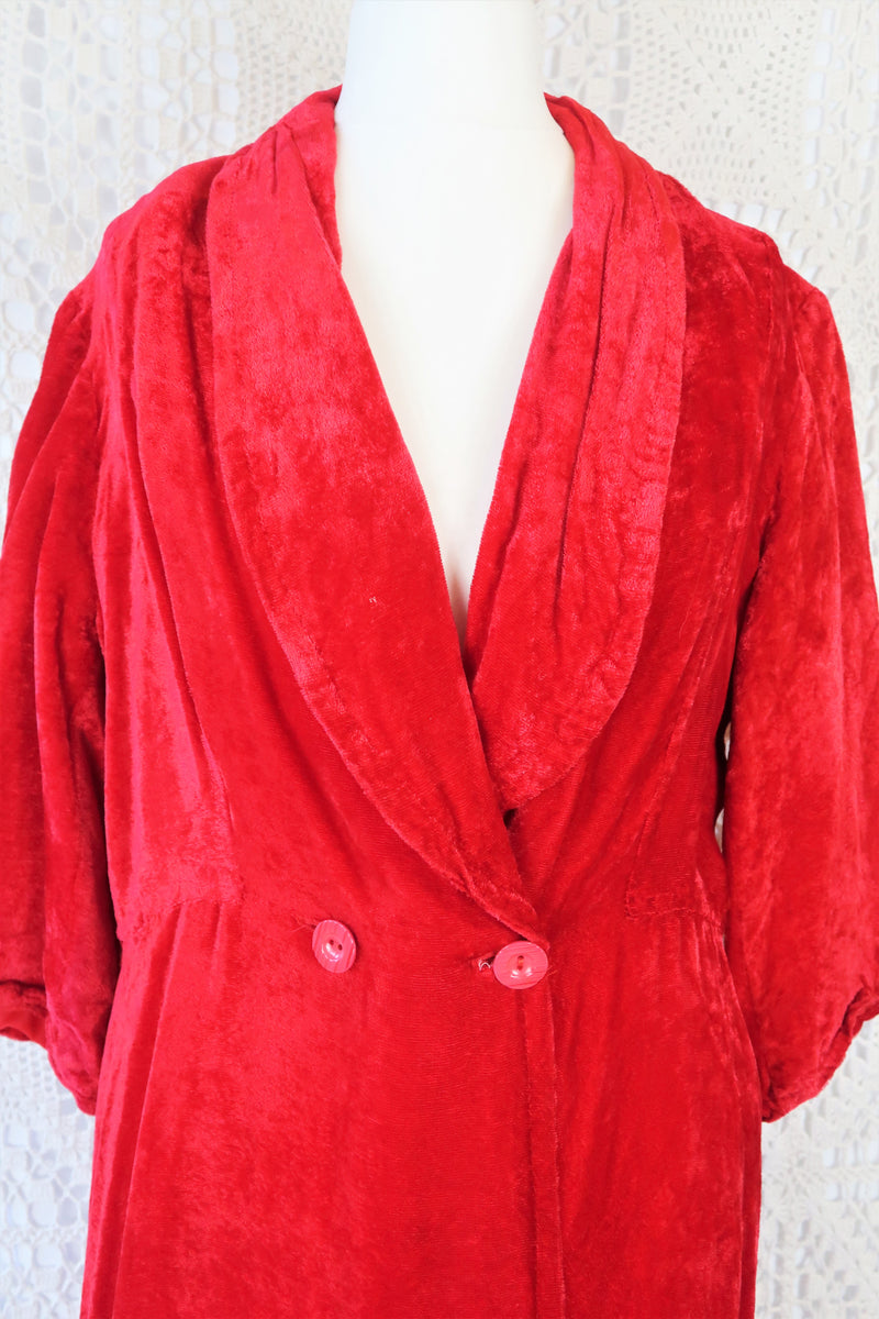 SALE 70's Vintage Housecoat - Bright Red Velvet Jacquard - Size XS