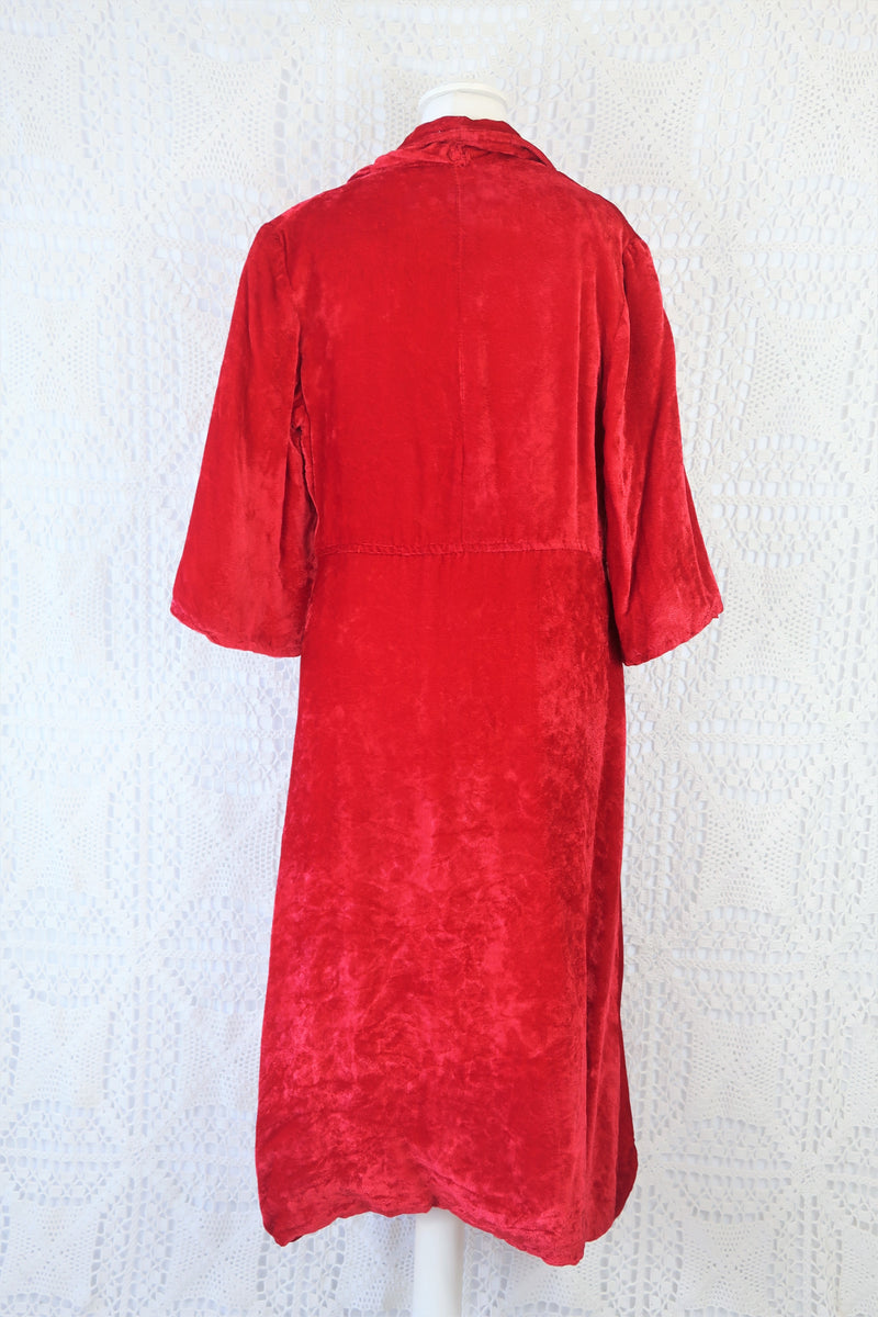 SALE 70's Vintage Housecoat - Bright Red Velvet Jacquard - Size XS