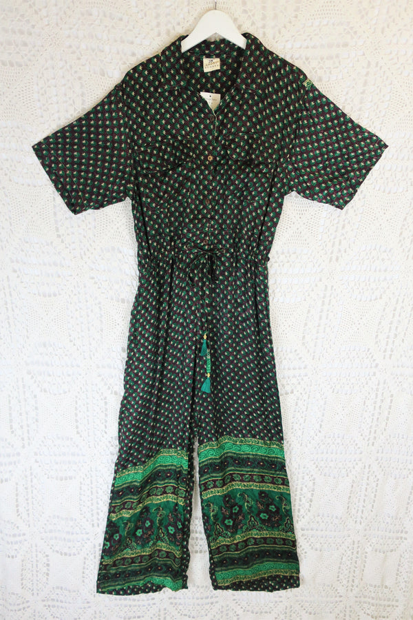 Billie Jumpsuit - Vintage Indian Sari - Sheer Plum & Jade Floral - S/M