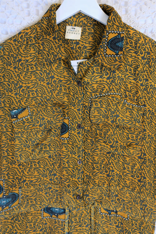 Billie Jumpsuit - Vintage Indian Sari - Mustard & Slate Paisley - S/M