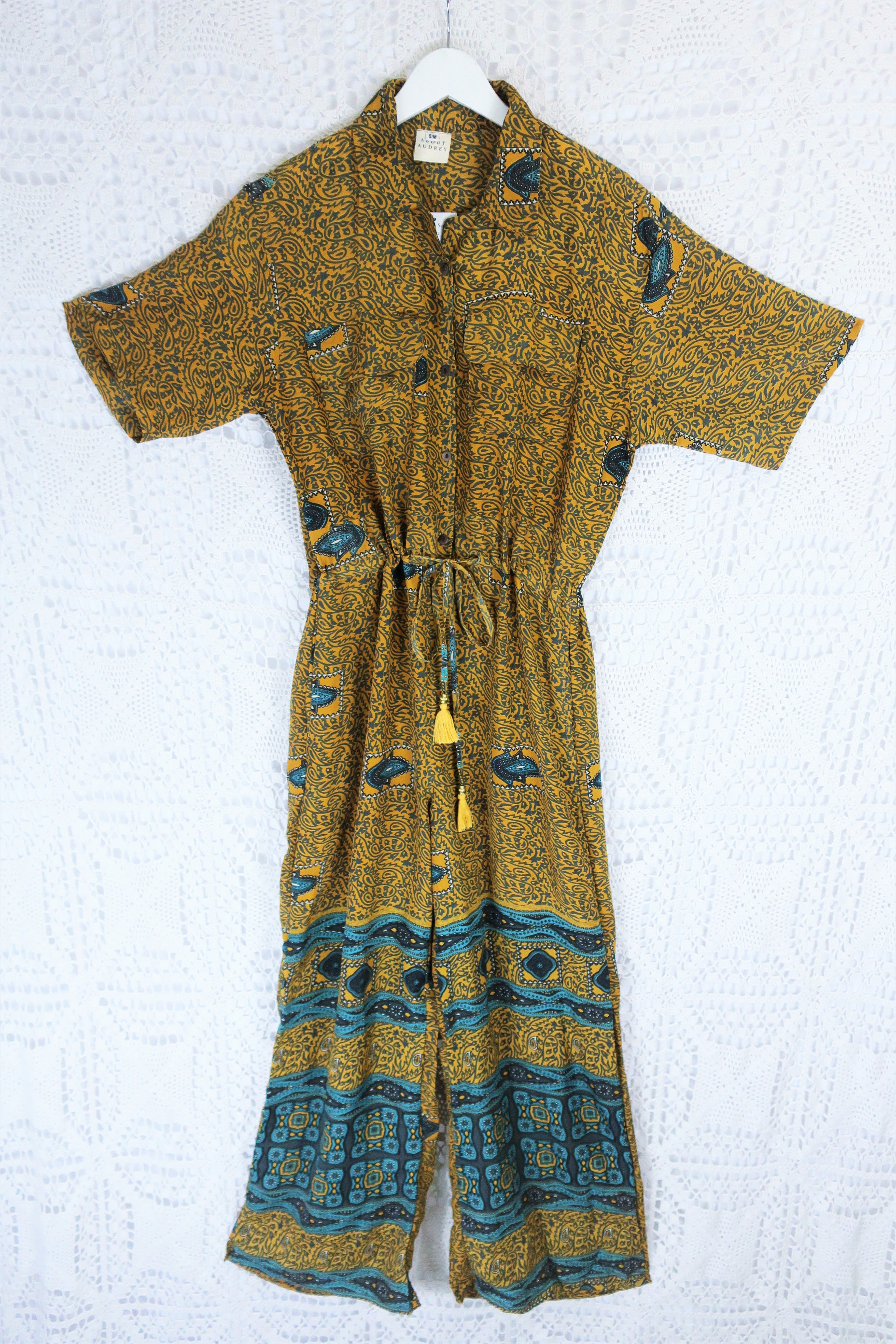 Billie Jumpsuit - Vintage Indian Sari - Mustard & Slate Paisley - S/M