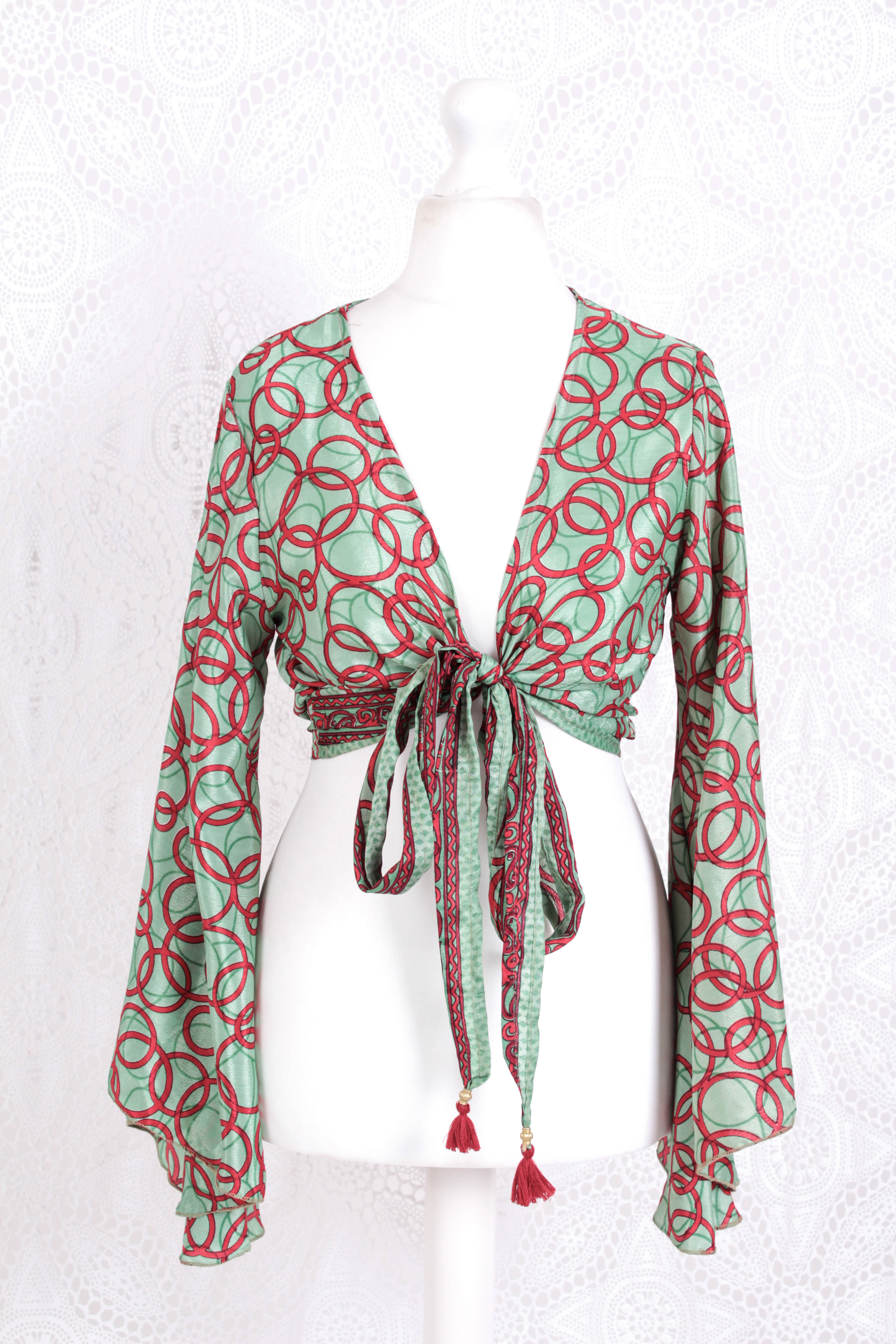 Gemini Wrap Top -  Vintage Indian Sari - Mint & Candy Apple Circles - S/M