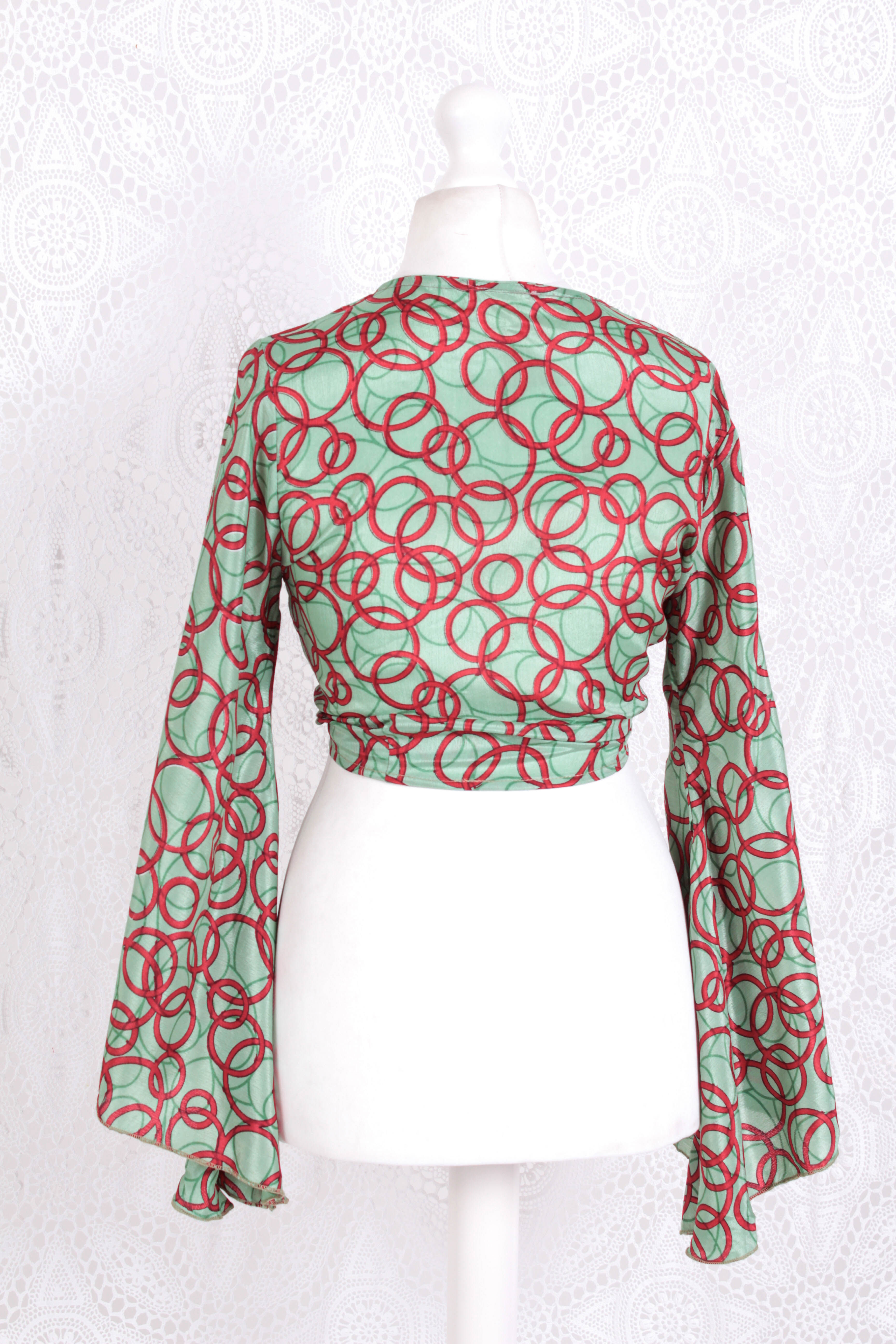 Gemini Wrap Top -  Vintage Indian Sari - Mint & Candy Apple Circles - S/M