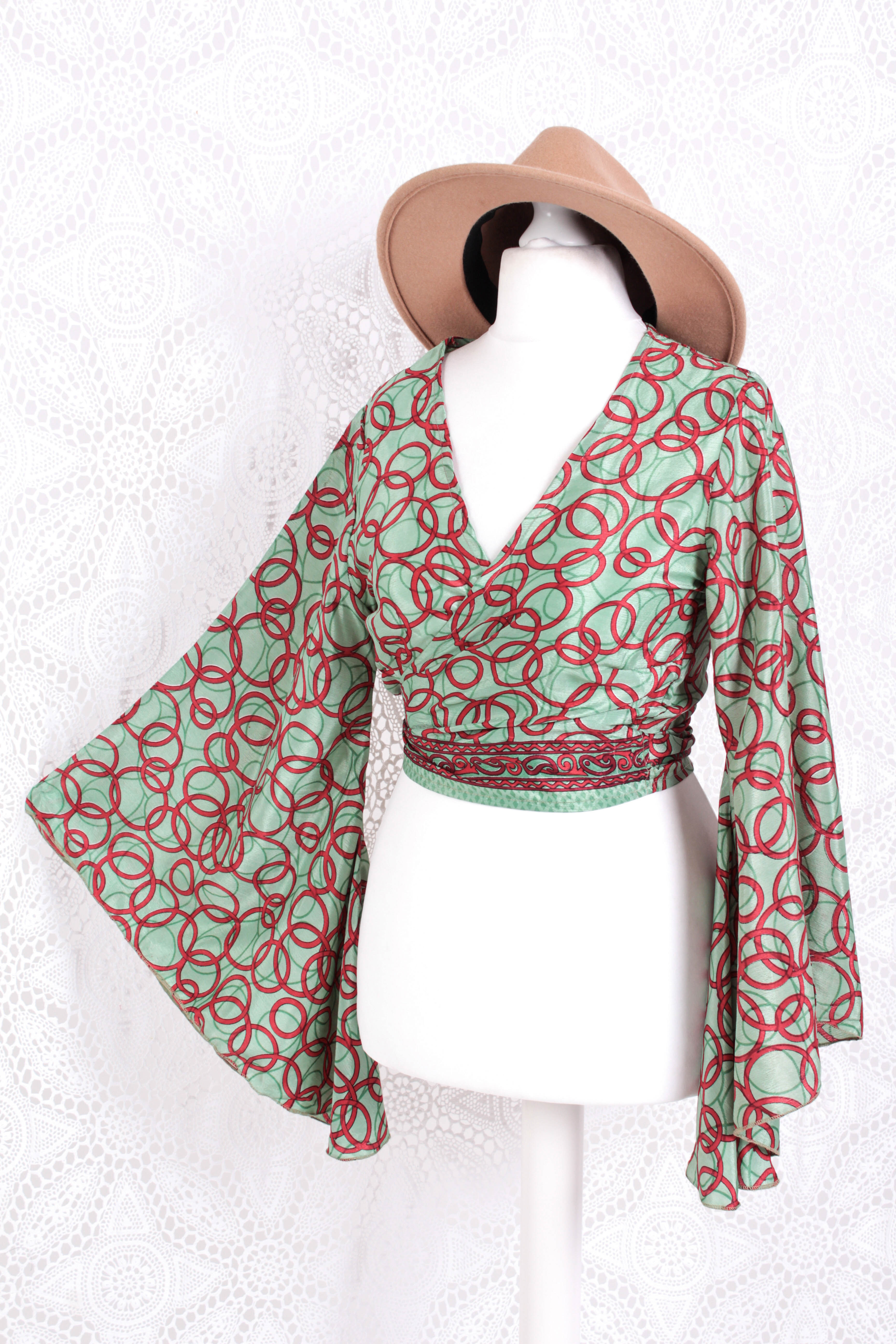 Gemini Wrap Top -  Vintage Indian Sari - Mint & Candy Apple Circles - S/M