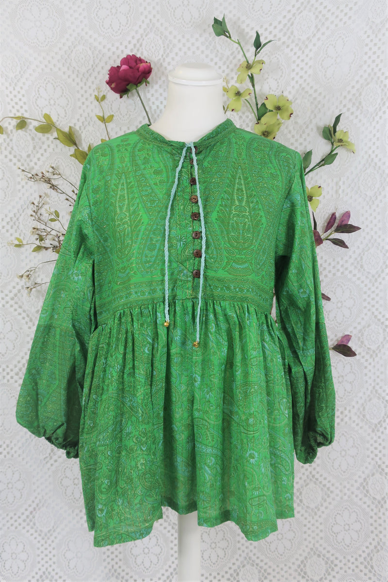 SALE Florence Smock Top - Emerald Green Paisley Floral Copper Sparkly Thread (XS)