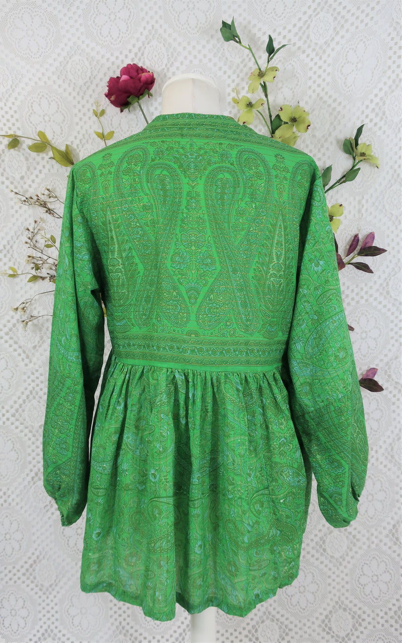 SALE Florence Smock Top - Emerald Green Paisley Floral Copper Sparkly Thread (XS)